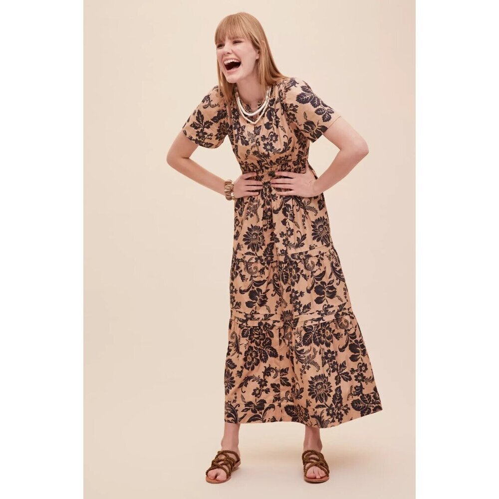 NWT by Anthropologie Somerset Maxi in Brown Motif Floral Tiered Cotton Dress L - Picture 2 of 7